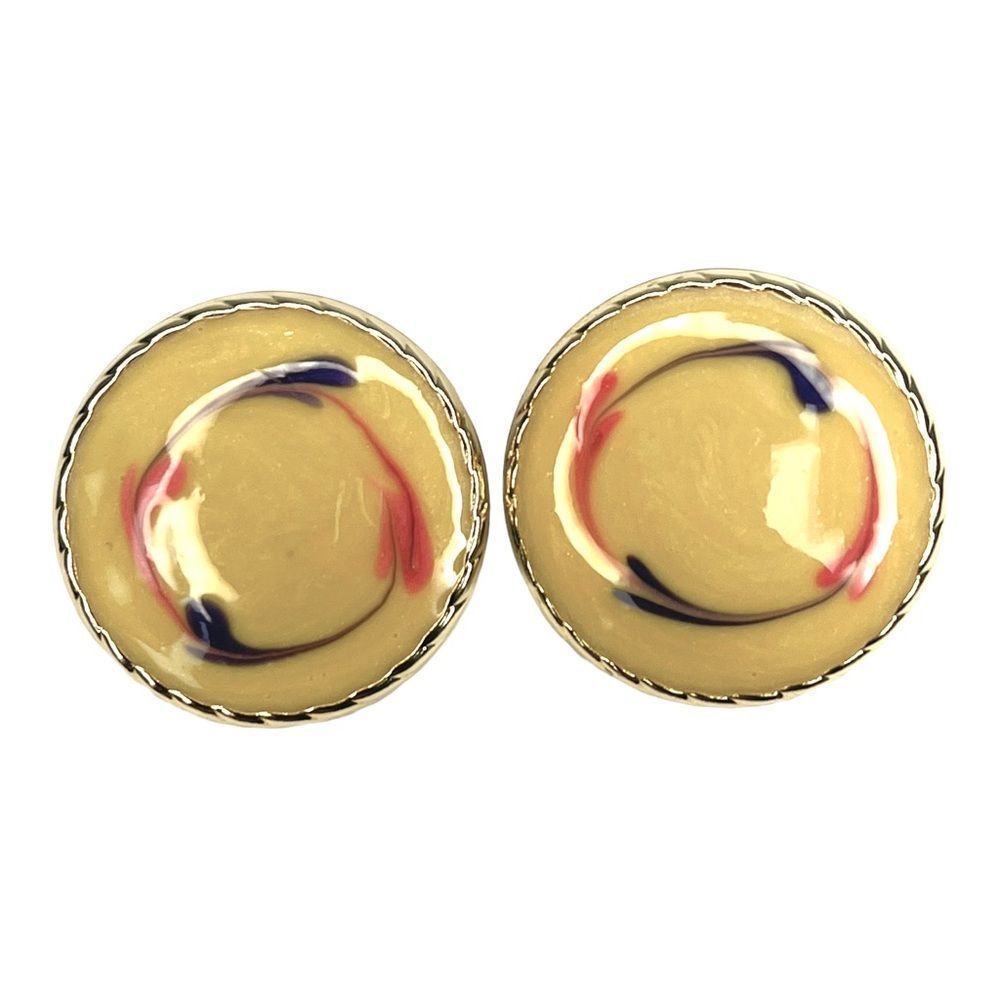 Vintage Swirled Enamel Painted Button Clip On Earrings with Gold Tone Rope Trim 